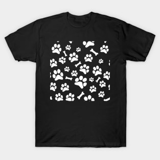 White Puppy Paw Prints and Bones On Black Pattern T-Shirt